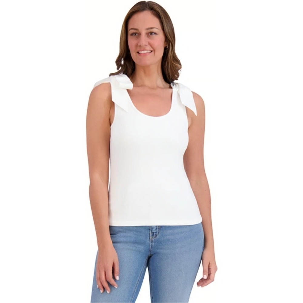 FRENCH CONNECTION White Ribbed Tank Top Bow Shoulder Sleeveless XL NWT